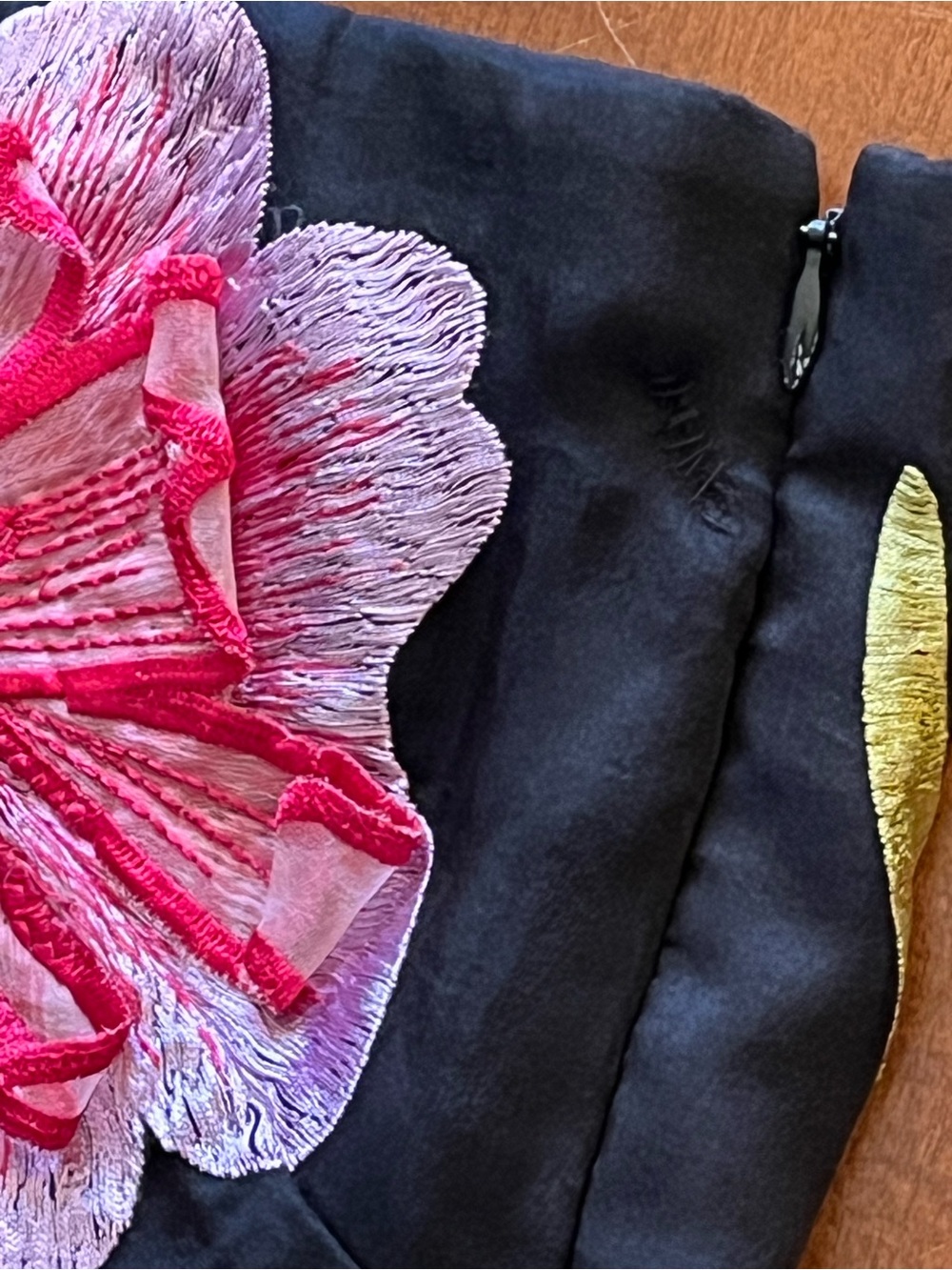 Anthropologie floral mini dress w/ 3D appliqué. Strapless. Black yellow pink. S - Picture 16 of 16